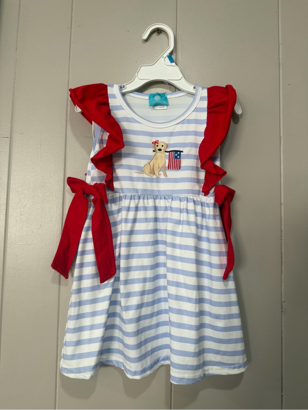 Girls' patriotic Striped Dress with Red Ruffle Ties